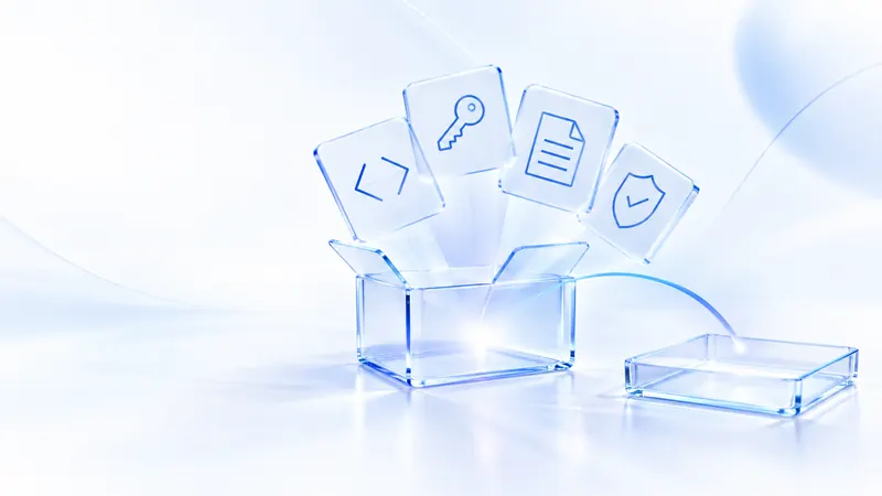 Illustration générée : une boîte en verre d’où sortent quatre tuiles bleues, code, clé, document et bouclier.