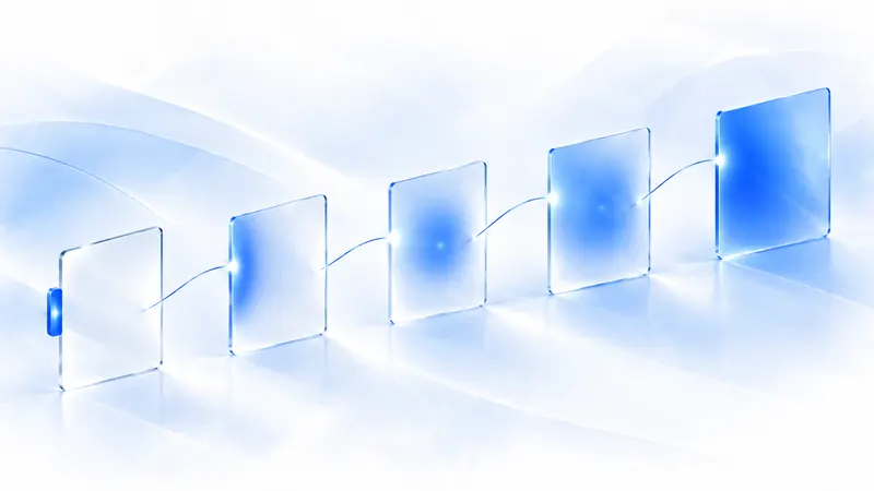 Illustration générée : cinq panneaux de verre alignés dont la lumière bleue passe progressivement de l’extérieur au cœur.