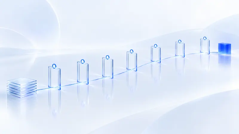 Illustration générée : un chemin bleu traverse sept portes de verre jusqu’à un bloc bleu qui tient seul.