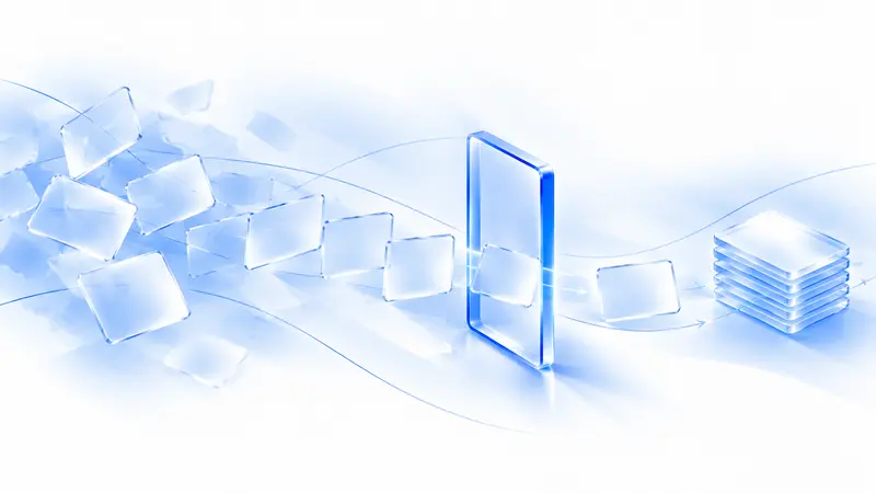 Illustration générée : des cartes de verre dispersées passent une à une par une porte bleue avant de former une pile ordonnée.