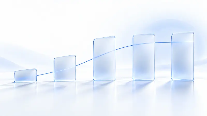 Panneaux de verre translucides de hauteur croissante reliés par une fine courbe bleue.