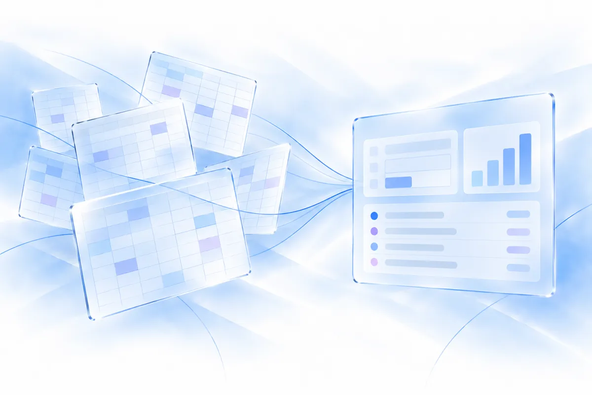 Plusieurs feuilles de calcul éparpillées, dont des copies décalées, reliées par des lignes bleues à un seul panneau d’application ordonné.